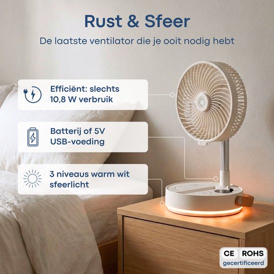 Ventilateur portable pliable Aironex – Ventilateur de table et ventilateur sur pied silencieux – Rechargeable par USB et sans fil, avec éclairage LED – Mini-ventilateur compact pour bureau, chambre, maison, bureau et camping - Ventilateurs
