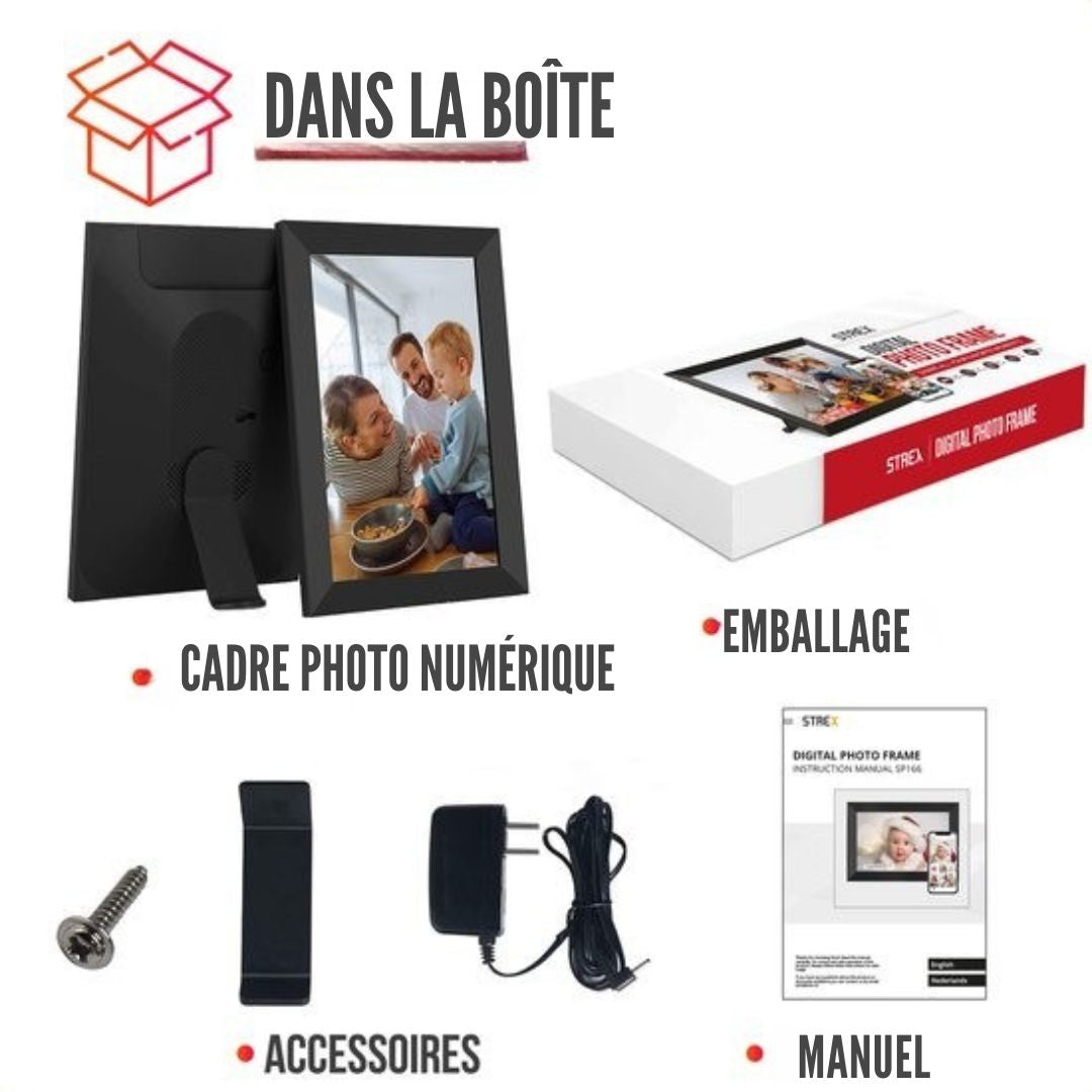 Cadre photo numérique - Strex - WiFi - Écran tactile de 10,1 pouces - Logiciel Frameo - noir