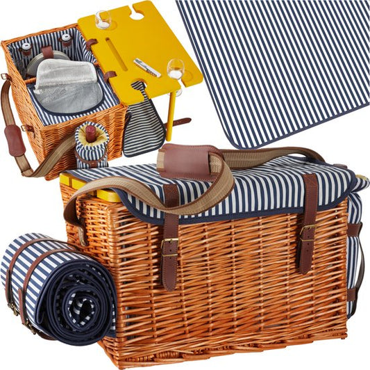 tectake® complete Picnic Basket Set Texel - Luxury 24-piece Picnic Set for 2 - Wicker Picnic Basket with Picnic Carpet - Includes Cool Box, Set of Plates, Plastic Wine Glasses and Stainless Steel Cutlery