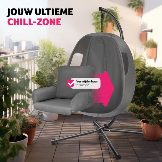 tectake® Chaise suspendue avec cadre - Chaise à bascule avec coussin + coussin de dossier - Meuble de salon ou de chambre - Meuble de balcon - Intérieur ou extérieur - Jusqu'à 160kg - Anthracite