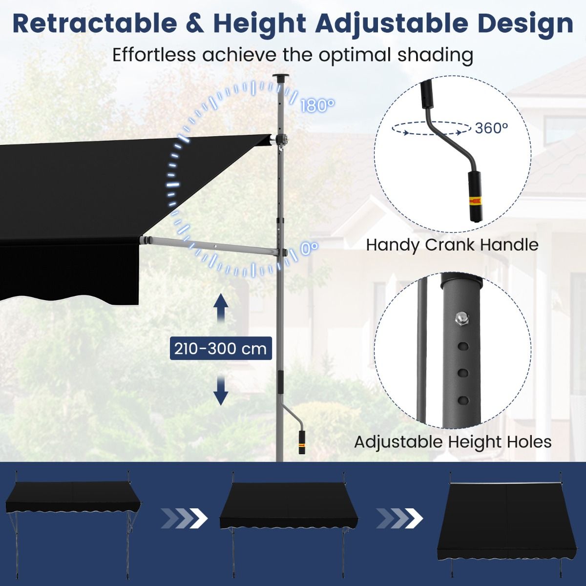 Store Coast sans perçage - Réglable manuellement - Résistant aux UV - Noir 300 cm