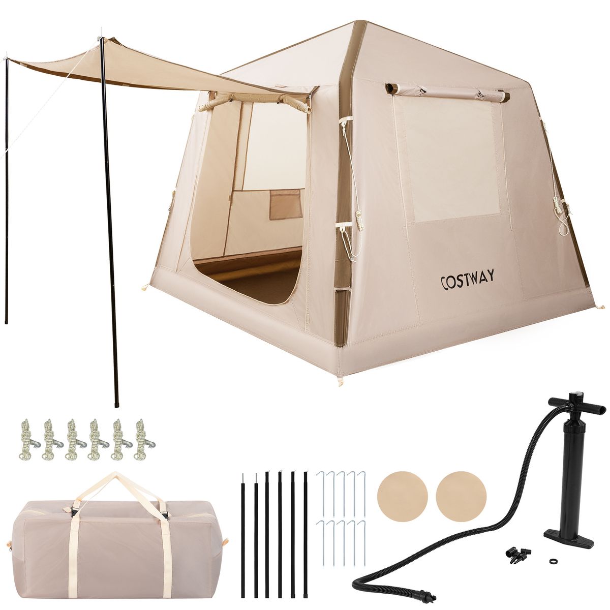 Tente de camping gonflable Coast - 2 à 4 personnes - Pompe et sac de transport inclus - Kaki - 210 x 210 x 180 cm