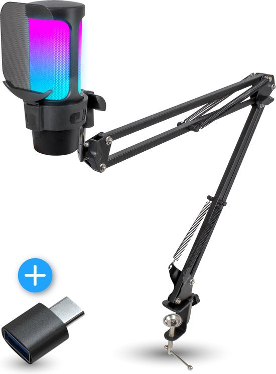 Nuvance - Microphone USB avec bras - pour PC et microphone de jeu - avec filtre anti-bruit - Convertisseur USB-C inclus - Microphone de streaming - RGB