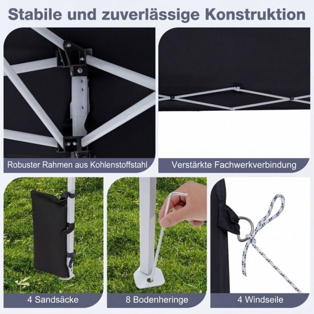 Tente de fête pop-up Coast 290 × 290 cm – Pavillon pliable avec 3 réglages de hauteur, sac de transport, cordes de tension et piquets – Noir