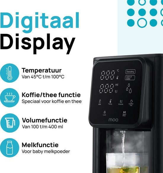 Distributeur d'eau chaude - MOA - Bouilloire - Réglage de la température - Affichage numérique - Réservoir d'eau amovible - 3 litres - Noir