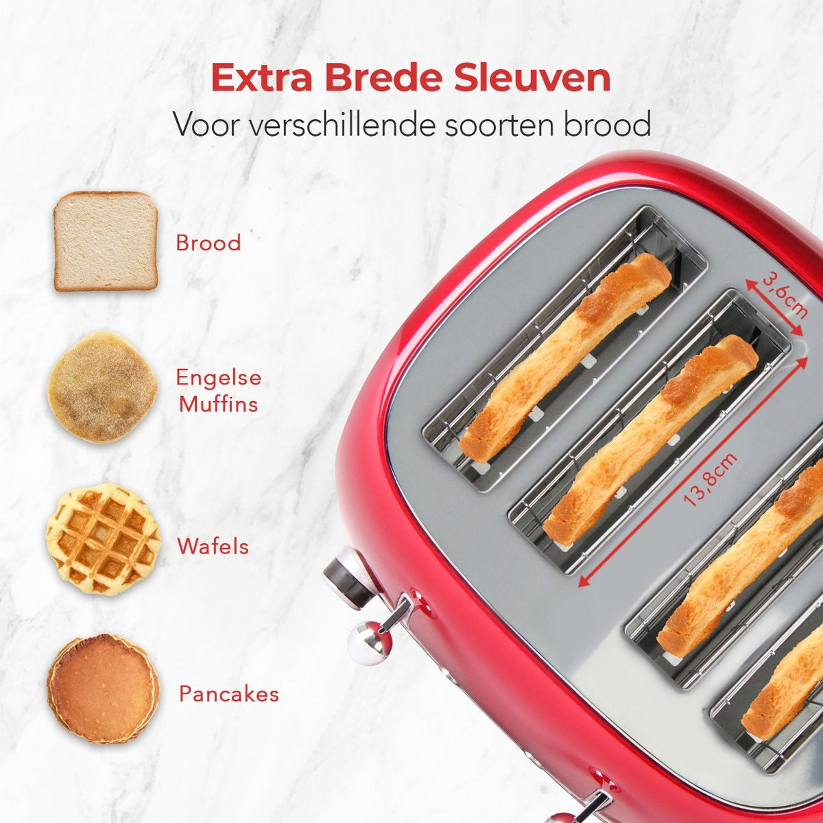 KitchenBrothers Grille-pain rétro - 6 niveaux de chaleur - 4 fentes extra-larges - 1630W - Fonctions de réchauffage et de décongélation - Rouge