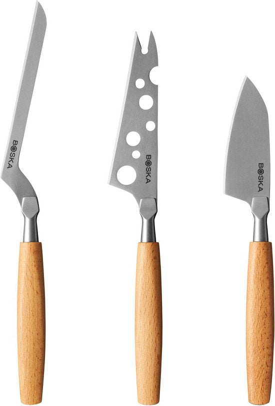 Boska Cheese Knife Set Amigo - Couteaux à fromage - Lot de 3 - Pour tout type de fromage - anti-adhésif - Ergonomique - Acier inoxydable et bois de hêtre