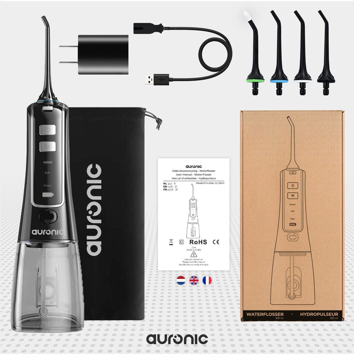 Auronic Water Flosser - électrique - bain de bouche - 3 étapes - 4 buses - 300 ml - noir