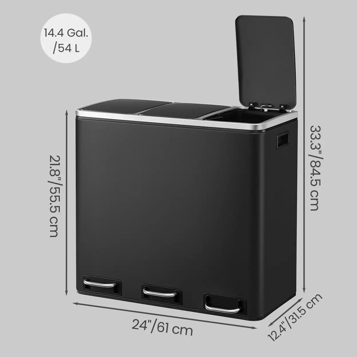 Poubelle à trois compartiments Joyfurnos - Noire - 3 x 18 litres - Couvercles à fermeture douce - Acier - 61 x 31,5 x 55,5 cm