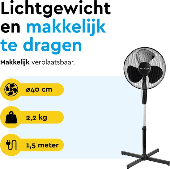 BRASQ Ventilateur trépied - 40 cm - Noir - Réglable en hauteur - 3 vitesses - 40 watts