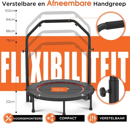 DH FitLife Fitness Trampoline d'intérieur pliable sans installation | Ø102 cm 40 Inch | Capacité de poids 150 KG | 4 positions de poignées réglables | Stable et silencieux pour enfants et adultes