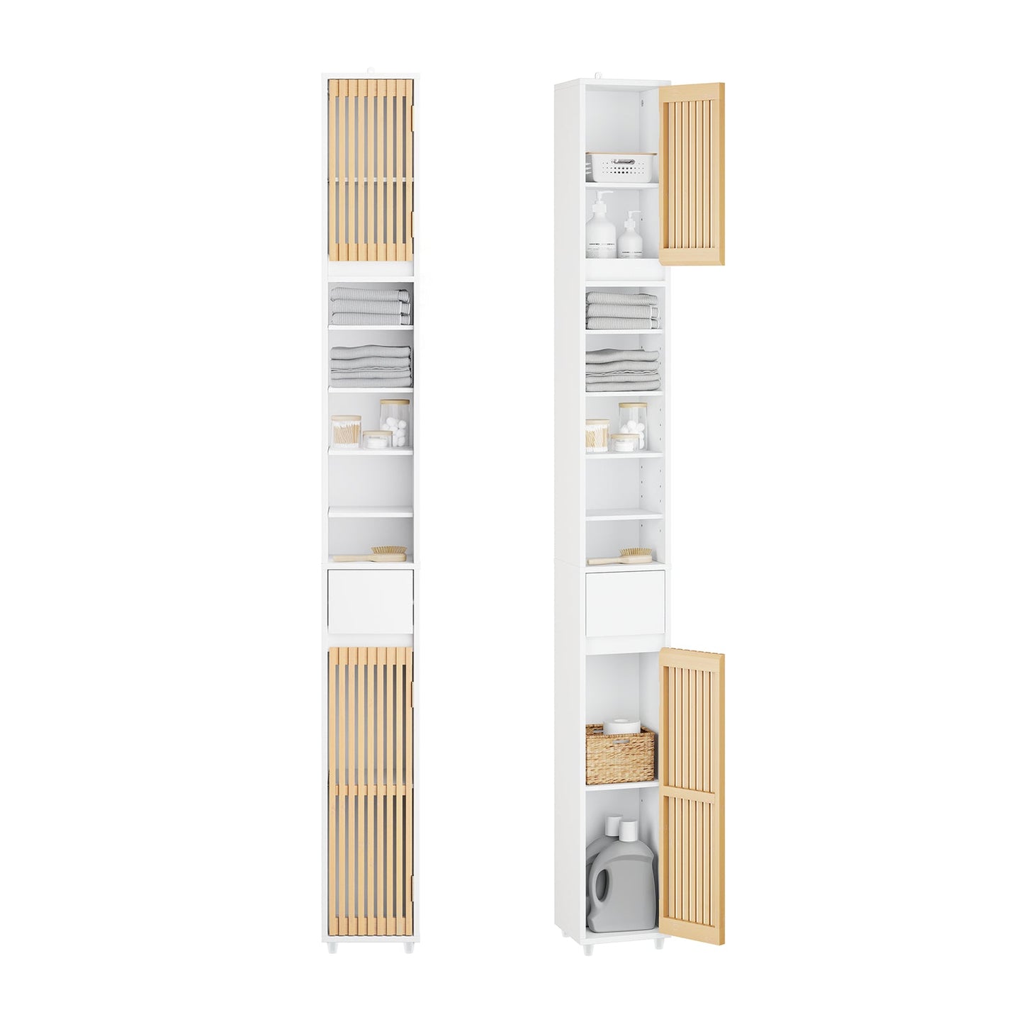sobuy armoire de toilette haute avec portes en bambou - 20 × 20 × 180 cm | blanc