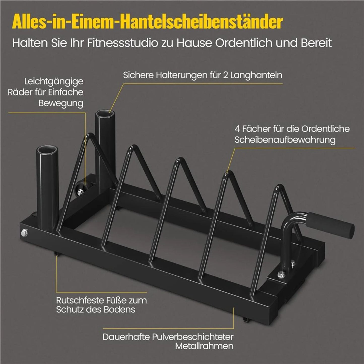 Yaheetech Halter Rack For Dumbbells And Bars - Equipé de 4 plateaux de rangement et de 2 supports de licol et de roues de transport - Pour haltères olympiques et poids - Métal noir - 94 x 33 x 30 cm