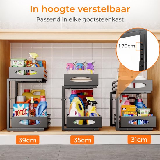 Posity Rangement pour armoire de cuisine - Rangement pour évier - Rangement pour comptoir - Support de rangement - Rangement pour salle de bain - Support de cuisine - Extensible - Métal - Noir