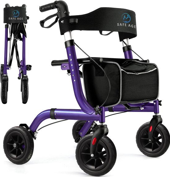 Rollator Safe Age® léger et pliable - Roues en caoutchouc - Siège intégré - Pour l'intérieur et l'extérieur - Dossier et support pour canne - Violet