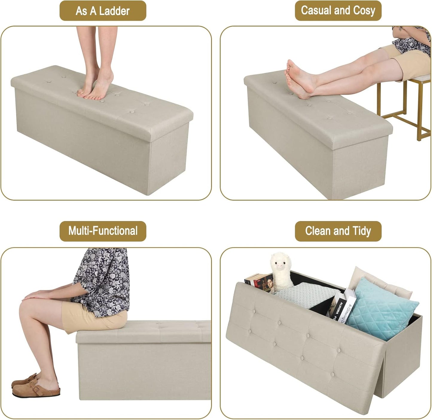 Banc de rangement pliable Woltu avec espace de rangement - 118 litres - 110 x 37,5 x 38 cm - Lin blanc crème - Capacité de charge maximale : 300 kg