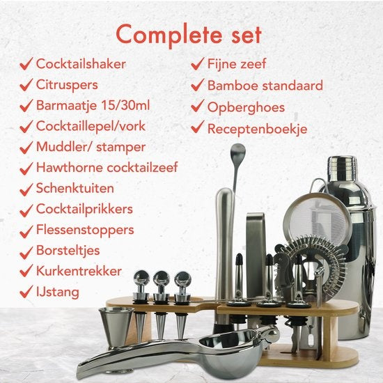 KitchenBrothers Set à cocktail avec shaker - 25 pièces - Set de luxe - Emballage cadeau - Marron clair/Bambou