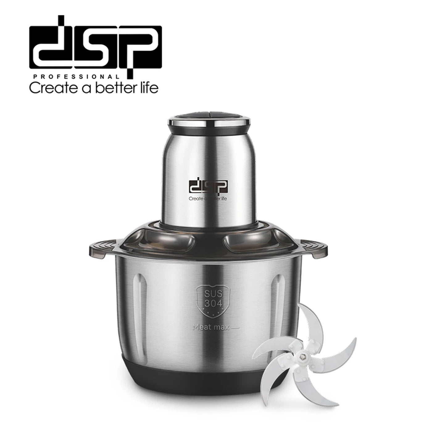 Hachoir de cuisine DSP KM4108 - 5 litres - 500 W - Bol en acier inoxydable 304 - Couteau à cinq lames - 2 vitesses - Moteur en cuivre