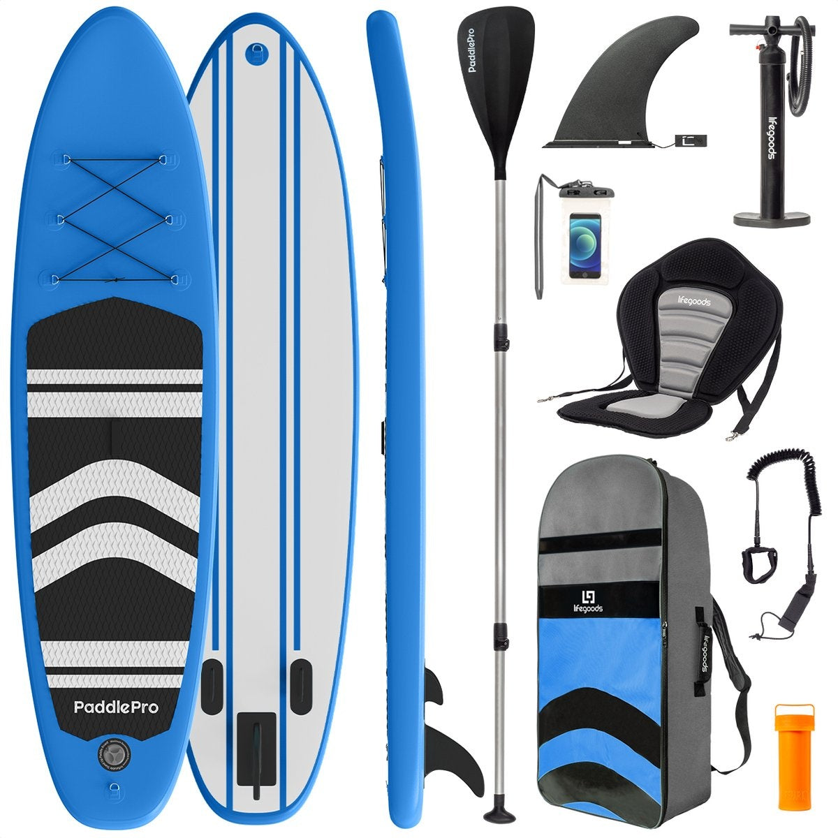 LifeGoods SUP Board - avec siège - Inflatable Paddle Board - Set complet - Max. 135KG - 320x81cm - Bleu