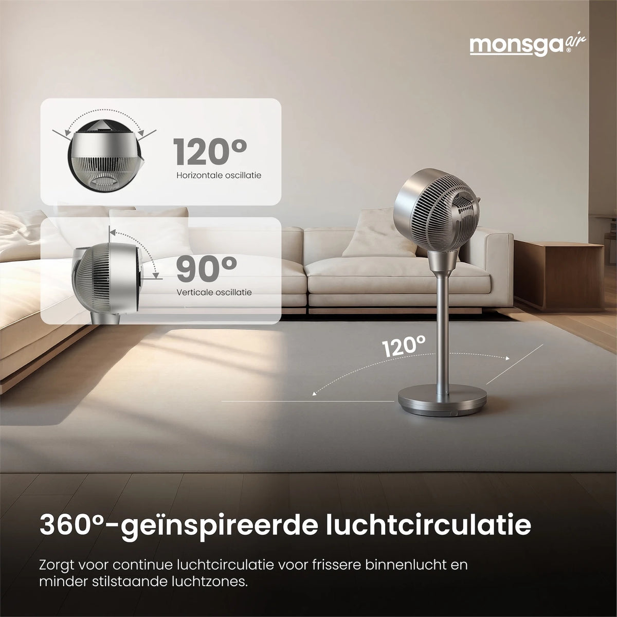Ventilateur de sol silencieux MonsgaAir AC300 – 76 cm – Oscillation 3D 120° + 90° – 5 vitesses – 25 dB