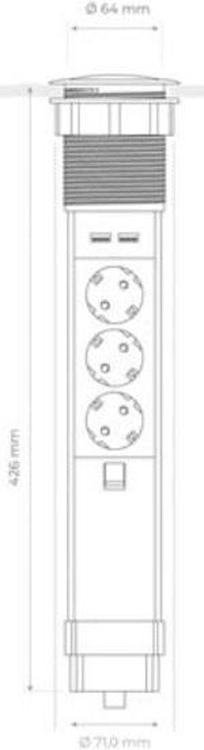 Perel Pop-up socket, 3 prises avec terre de protection (type F), 2 ports USB, trou de montage 71 mm, utilisation intérieure, noir/gris