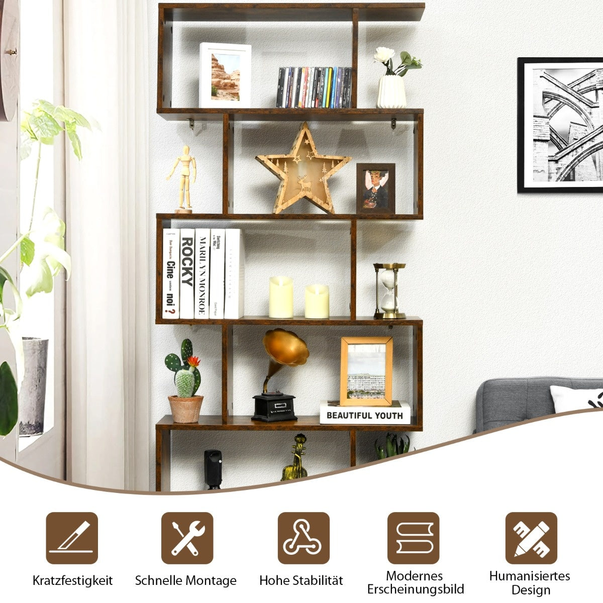 Coast Standregal 6 Level S-Shape BOOKROOM storage shelf wood colour choice-brown
