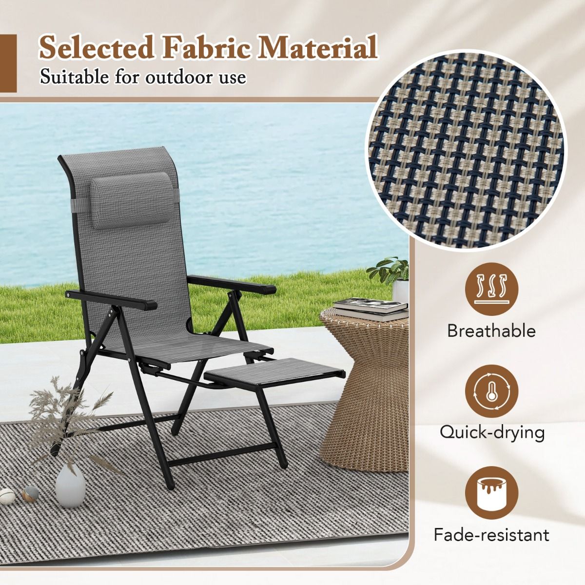 Ensemble de chaises de jardin Coast - pliables - dossier et repose-pieds réglables - gris