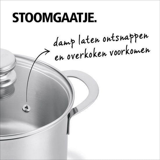 BRABANTIA ENJOYMENT Casserole - Ø 24 cm - Acier inoxydable - Couvercle en verre - Sans PFAS - Compatible avec l'induction