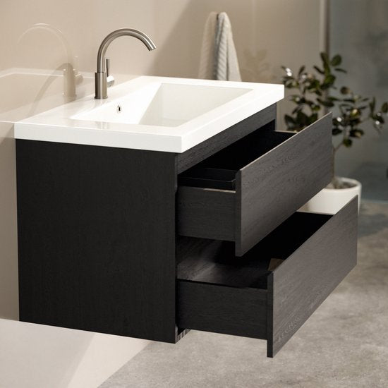 Meuble de salle de bains Mirlux en chêne noir 80 cm - Lavabo blanc - Ensemble de meubles de salle de bains - Meuble-lavabo en chêne noir