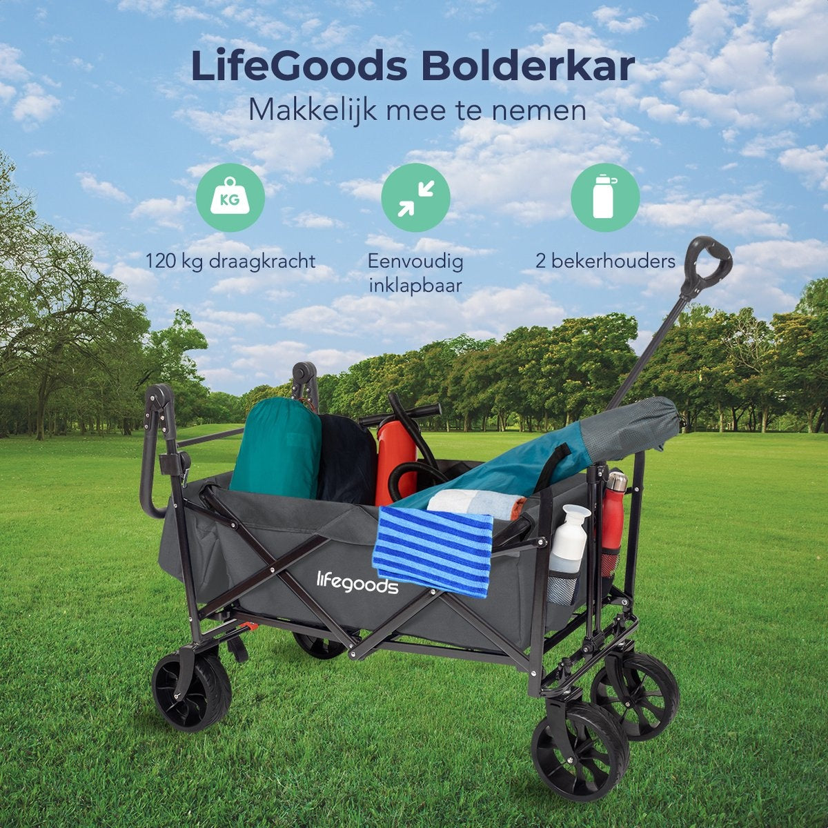 LifeGoods Wagon - Pliable - Jusqu'à 120KG - 90L - Polyester lavable - 120x80cm - Gris