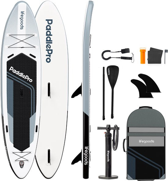 LifeGoods SUP Board Tandem - 2 personnes - capacité de charge 220 KG - 381 x 86 cm - gonflable - paquet Sup complet - blanc/noir