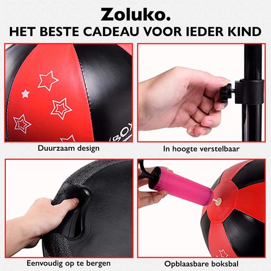 Zoluko Ballon de boxe sur pied pour enfants - Gants de boxe et pompe gonflable inclus - Hauteur réglable - Pour l'intérieur et l'extérieur - Ballon de boxe sur pied - Entraîneur de boxe - Perche de boxe - Set de boxe pour enfants - Ballon de boxe sur pied