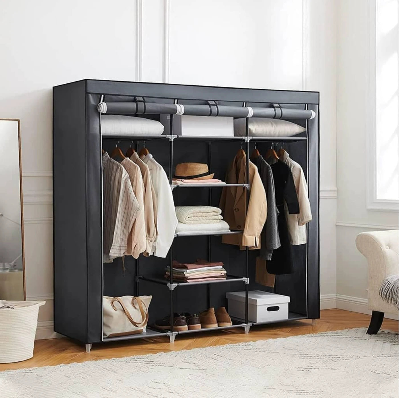 Armoire à linge 150 x 175 x 45 cm - Grise - 2 tringles à vêtements - Étagères - Pliable