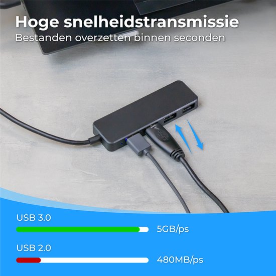 Nuvance - Hub USB 3.0 - 4 ports - Inclut un convertisseur USB C - Répartiteur USB - Noir