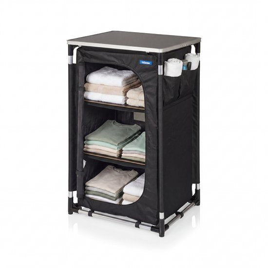 Armoire de camping pliable Tristar – Structure en aluminium – 3 étagères – Pieds réglables – Poches latérales – Sac de transport inclus – Noir - CU-0809