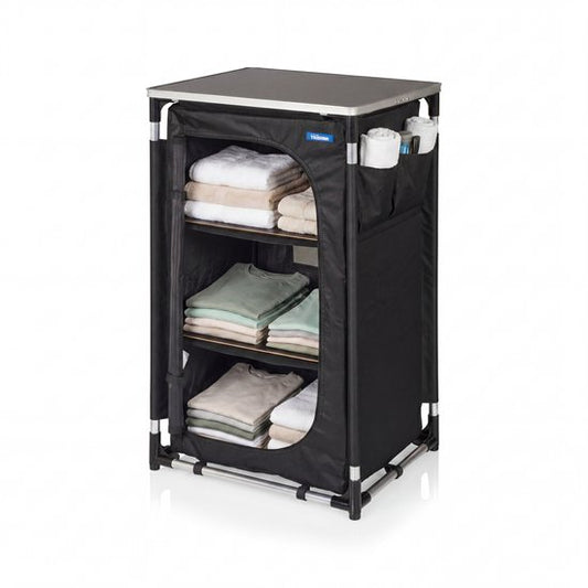 Armoire de camping pliable Tristar – Structure en aluminium – 3 étagères – Pieds réglables – Poches latérales – Sac de transport inclus – Noir - CU-0809
