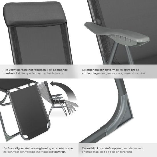 tectake® - Lot de 2 chaises pliantes - Chaises de jardin en aluminium - Pliantes avec appui-tête et repose-pieds - Chaises longues pour le jardin, la terrasse ou le balcon - Chaise de camping - Anthracite