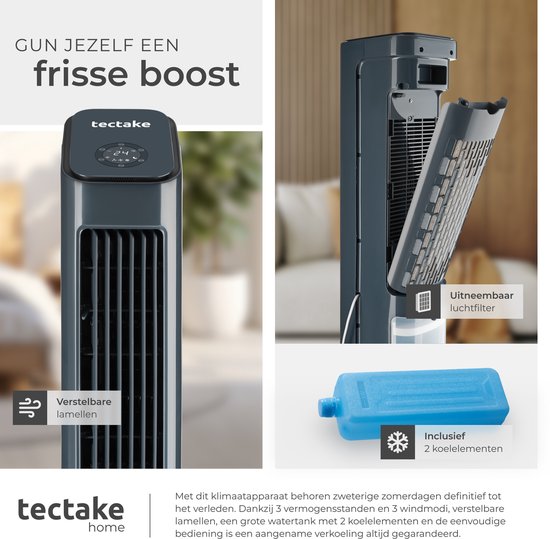 tectake® Refroidisseur d'air 4-en-1 Alaska - Réservoir d'eau de 5 L - 3 réglages - Refroidisseur d'air - Climatiseur avec fonction d'oscillation - Minuterie - Télécommande - Éléments de refroidissement - Humidificateur - Ventilateur - Purificateur d'air -