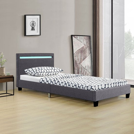 Lit rembourré Verona - 90 x 200 cm - Gris - Eclairage LED
