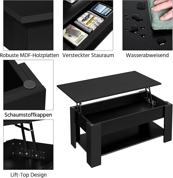 Table basse Yaheetech avec plateau relevable – Noire – Réglable en hauteur avec espace de rangement dissimulé
