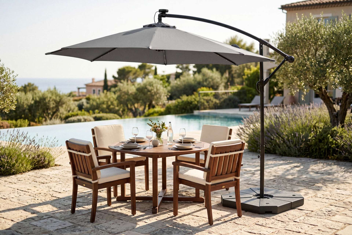 Feelfurniture Toscano Parasol suspendu gris foncé – Parasol Banana avec éclairage LED et housse – Ø 300 cm