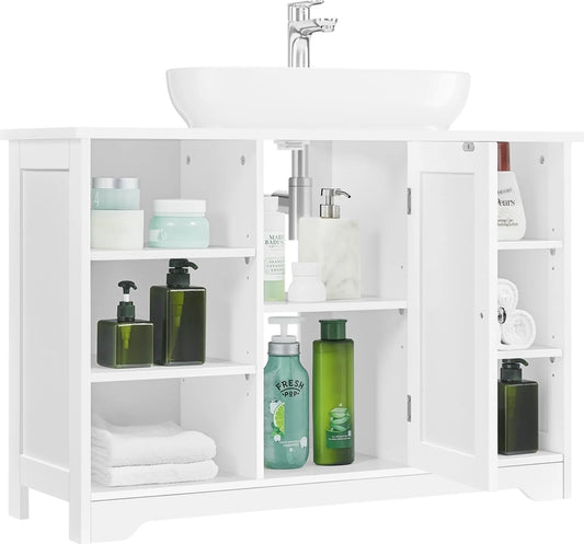 Yaheetech Meuble lavabo avec étagères réglables - équipé d'une niche pour siphon, de compartiments latéraux ouverts et d'une porte de placard - pour salle de bains et toilettes - Mdf blanc - 90 x 30 x 60 cm