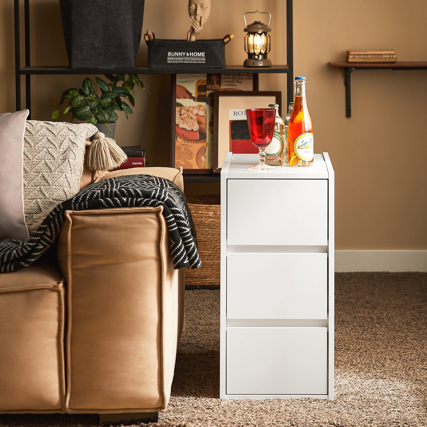 SoBuy FBT144-W Table d'appoint / Table de chevet / Table banc - Blanc - 30x60x60 cm - Table de rangement compacte avec 3 tiroirs et compartiment vertical