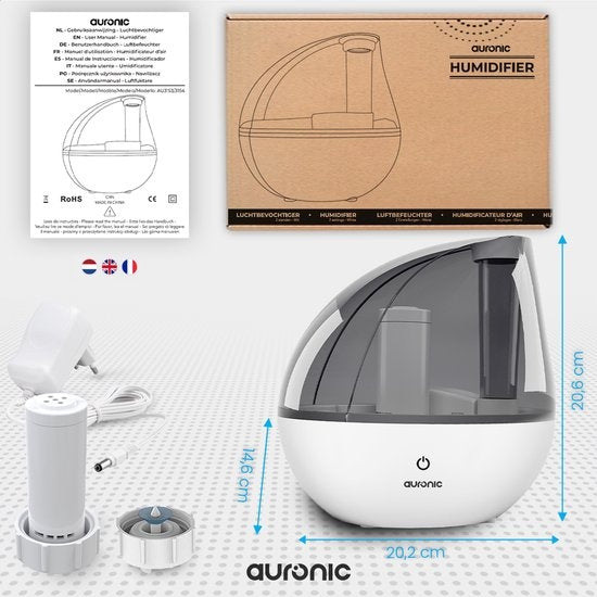 Humidificateur Auronic - Adapté à la chambre de bébé et à la chambre à coucher - Blanc - Filtre à eau inclus