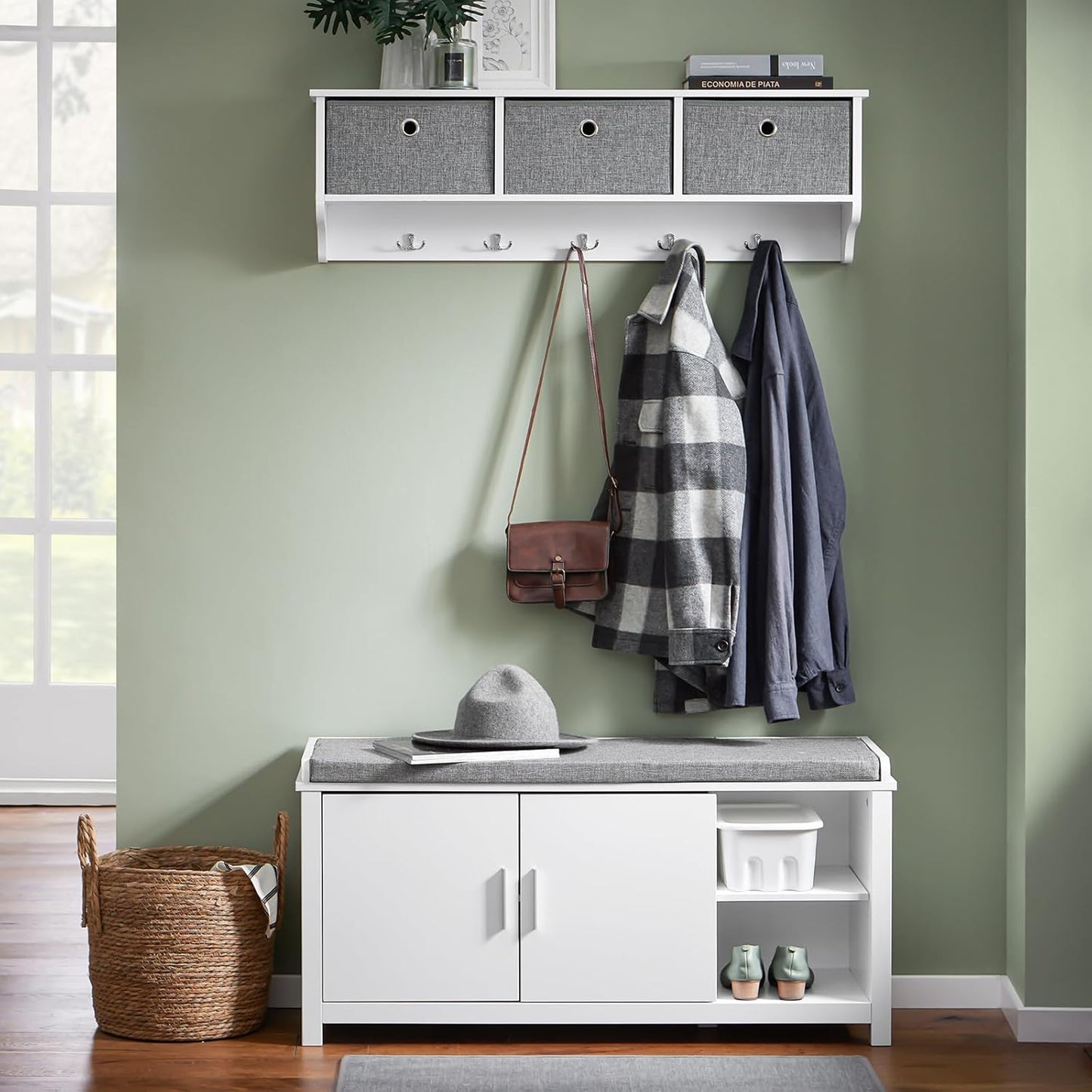 SoBuy FSR168-W Meuble à chaussures avec siège - 2 portes 2 compartiments ouverts - 105 x 35 x 51 cm - blanc