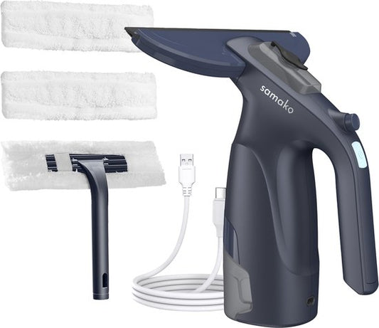 Essuie-vitre électrique CrystalClear - Lave-vitre rechargeable par USB - Lave-vitre avec réservoir amovible - Fonction spray - Inclus 2 chiffons en microfibre - Samako