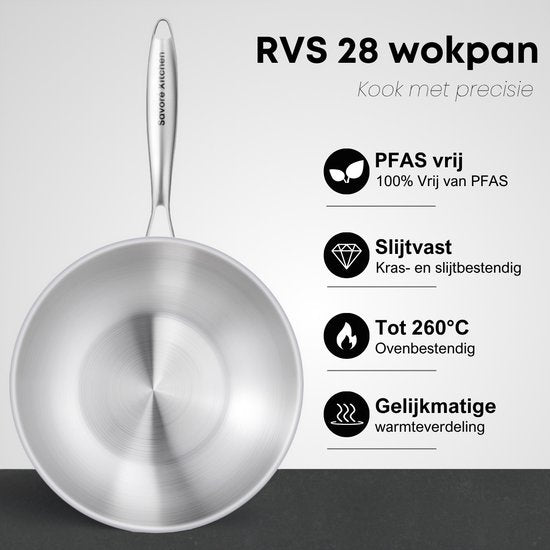 Savoré Kitchen Wok pan stainless steel 28 cm with Lid - Induction Suitable - Wok pans - 3-Ply - Professional Heat Distribution