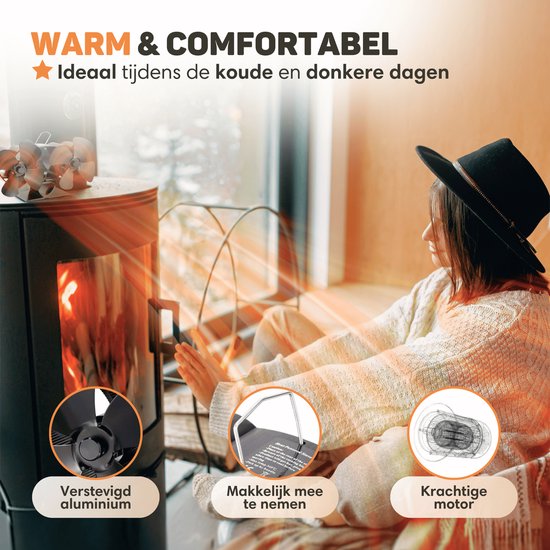 Vulpes Goods® Tech - Ventilateur de poêle à bois - Ventilateur de cheminée - Ecofan - Ventilateur de chaleur - 8 pales et 2 ventilateurs - Thermomètre et gant inclus - version PRO