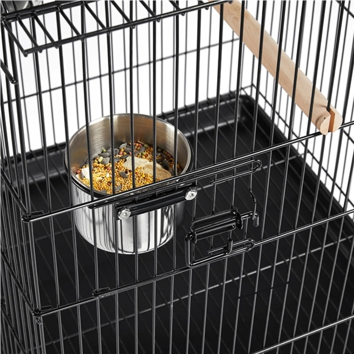 Yaheetech Cage à oiseaux XXL avec base mobile - 59,5 x 59,5 x 145 cm - avec ouverture dans le toit, plaque de fond amovible et étagère de rangement - pour perruches et canaris - métal noir et bois