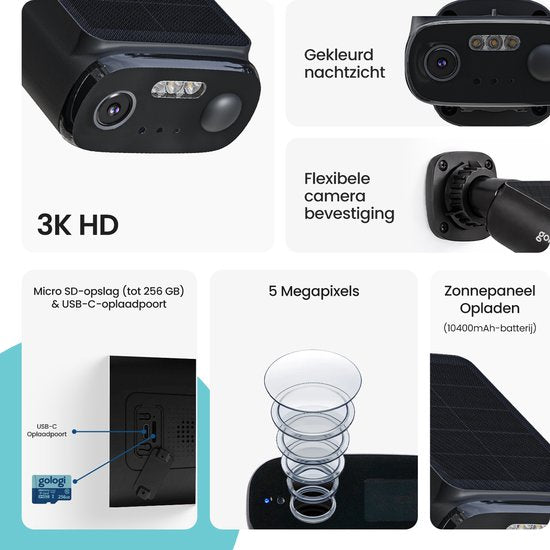 Caméra de sécurité d'extérieur Gologi Solar Premium - 10 400 mAh - 2,5K - Vision nocturne - Détection de mouvement - Caméra de surveillance - Panneau solaire - Sans fil - USB-C - Wi-Fi et application - Noir
